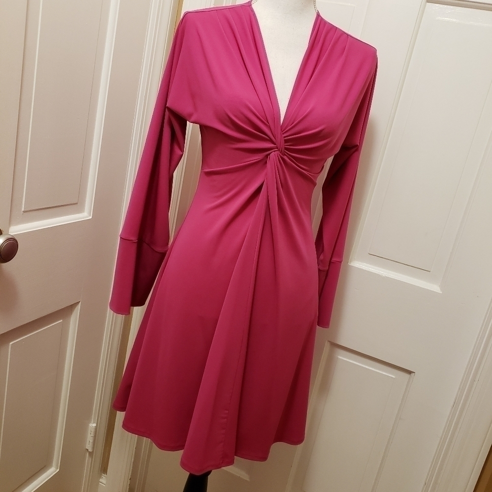 Moda International Women's Pink V-Neck Long Sleeve A-Line Pleated Dress …